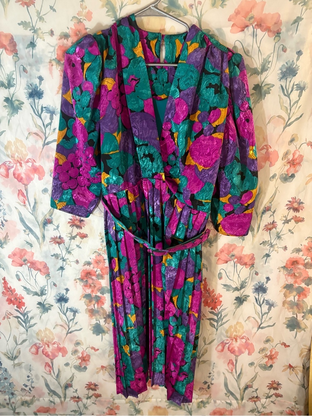 Vibrant Floral Midi Dress in Purple, Teal & Pink